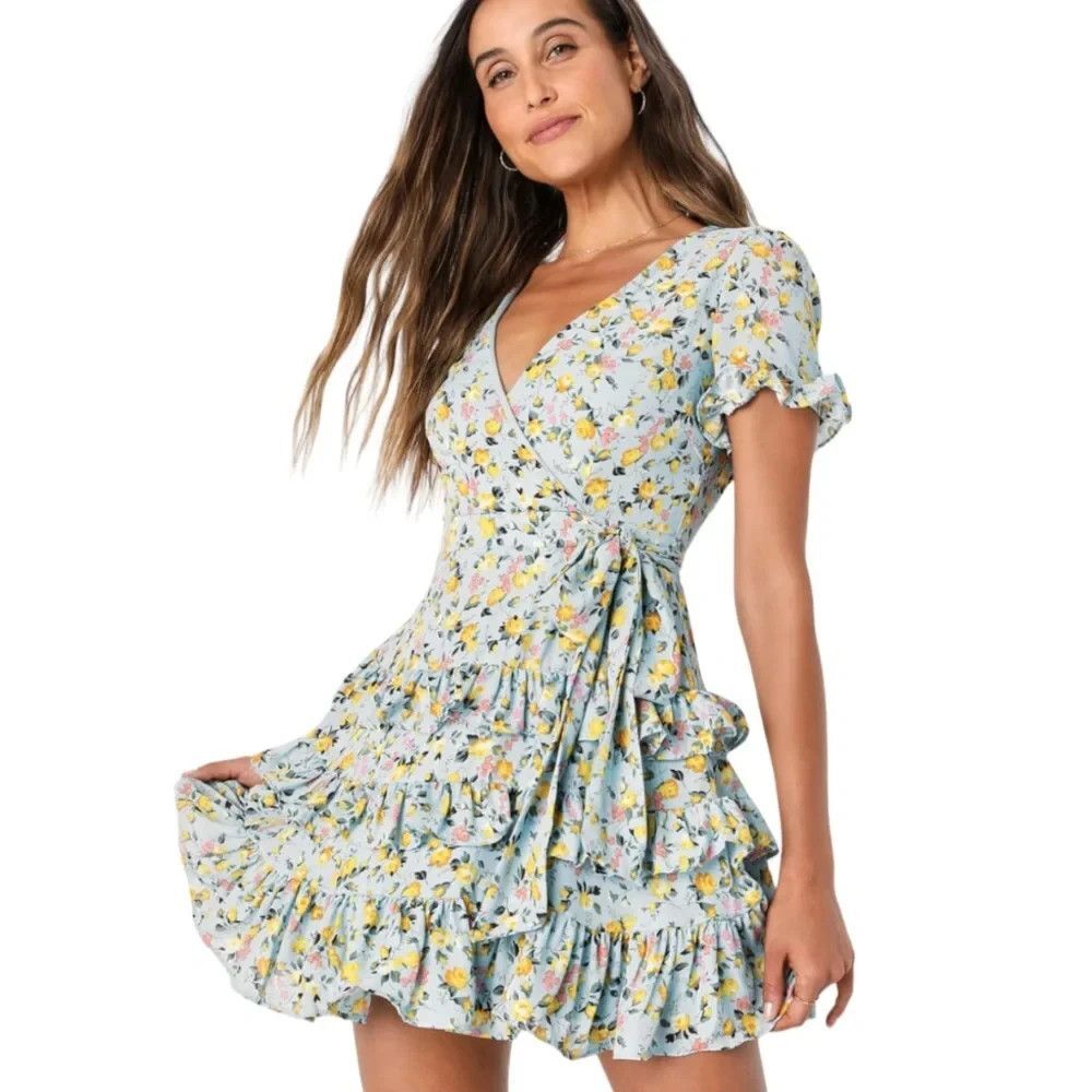 Lulus Feeling Butterflies Blue Floral Boho Tiered Ruffle Mini Dress Medium